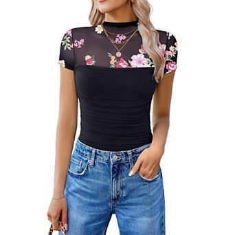 Avidlove Short Sleeve Bodysuit Turtle Neck Body Suits Mesh One Piece Going Out Tops Concert Outfits