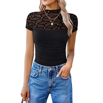 Avidlove Short Sleeve Bodysuit Turtle Neck Body Suits Mesh One Piece Going Out Tops Concert Outfits