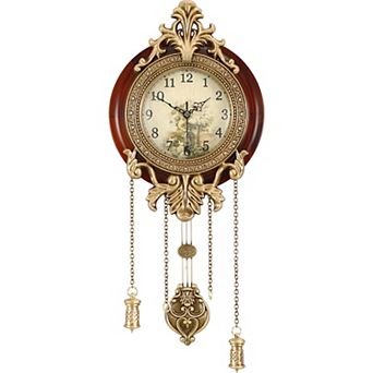 Dia 9-inch Retro Vintage Wood Wall Clock with Swinging Pendulum, Silent Quartz Movement