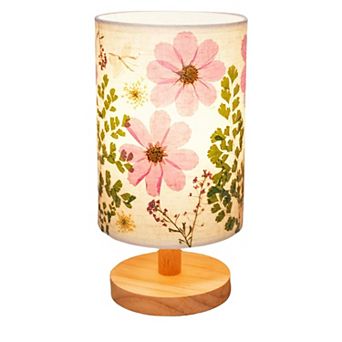 Pressed Flowers Table Lamp 5W LED 3 Color Temperatures Dried Flower Bedside Linen Shade Wood Base