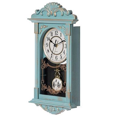 Vintage Grandfather Wall Clock Wood-Effect Pendulum Battery-Operated 16 Inch