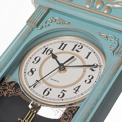 Vintage Grandfather Wall Clock Wood-Effect Pendulum Battery-Operated 16 Inch