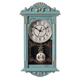 Vintage Grandfather Wall Clock Wood-Effect Pendulum Battery-Operated 16 Inch
