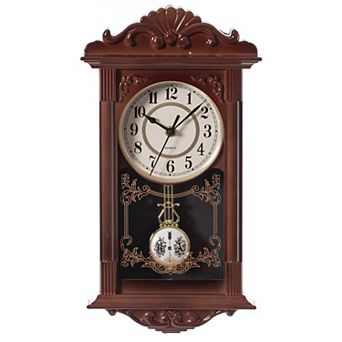 Vintage Grandfather Wall Clock Wood-Effect Pendulum Battery-Operated 16 Inch