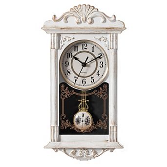 Vintage Grandfather Wall Clock Wood-Effect Pendulum Battery-Operated 16 Inch