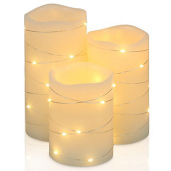 Flickering LED Wax Candles with Embedded String Lights 5H Timer Set of 3