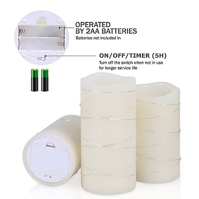 Flickering LED Wax Candles with Embedded String Lights 5H Timer Set of 3