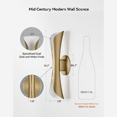 Mid Century Modern Wall Sconce Up Down Light Hardwired Dimmable Aluminum 15.7" Indoor