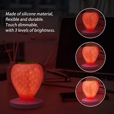 Strawberry Night Light Cute Silicone Lamp LED Bedside Color Changing 3 Modes Touch USB Rechargeable