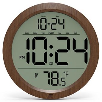 Digital Wall Clock 8 Inch Wood Decorative Indoor Temperature Date Auto-DST Battery Operated Bedroom
