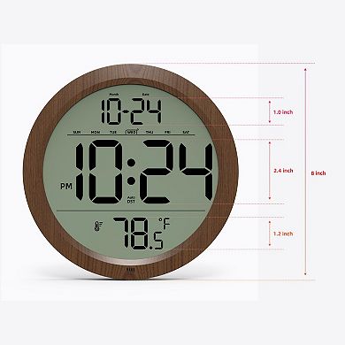 Digital Wall Clock 8 Inch Wood Decorative Indoor Temperature Date Auto-DST Battery Operated Bedroom