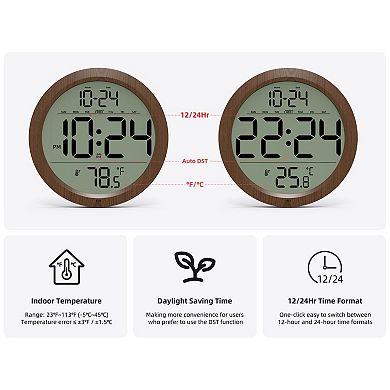 Digital Wall Clock 8 Inch Wood Decorative Indoor Temperature Date Auto-DST Battery Operated Bedroom