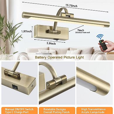 Rechargeable LED Picture Light Wireless Art Gallery Lamp 15.7" Adjustable Arm Dimmable Remote Timer