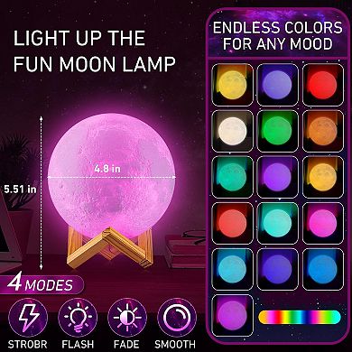 Moon Lamp 16 Colors LED Night Light 3D Printing 4.8 Inch with Stand Remote Touch Control Timing