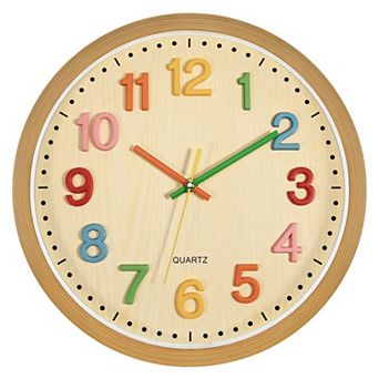Silent Wall Clock 12 Inch Non-Ticking Colorful 3D Numbers Kids Classroom Bedroom Playroom Quartz