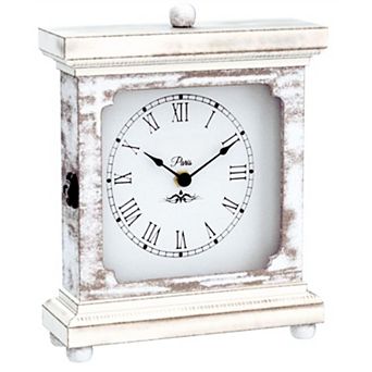 Rustic Silent Shelf Clock 9x7 Farmhouse White Wood Mantel Desk Non-Ticking AA Battery