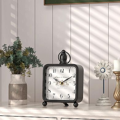 Vintage Table Clock on Stand 8.5" H Rustic Mantel Desk Clock Farmhouse Decor Silent Quartz Movement