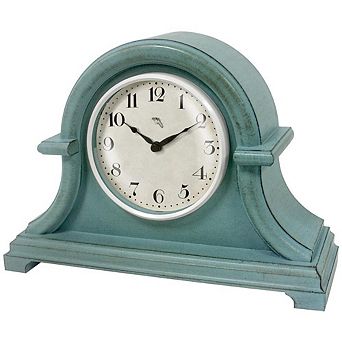 Vintage Farmhouse Mantel Clock 13x10 Inch Aged Teal Finish Quartz Movement Domed Lens ABS Case Table