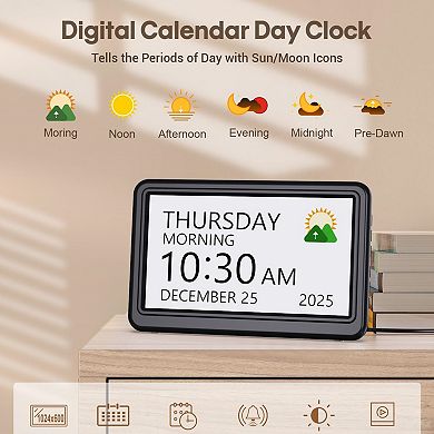 Digital Clock 7" Large Display Calendar 20 Alarms Dimmable Dementia Seniors Clock