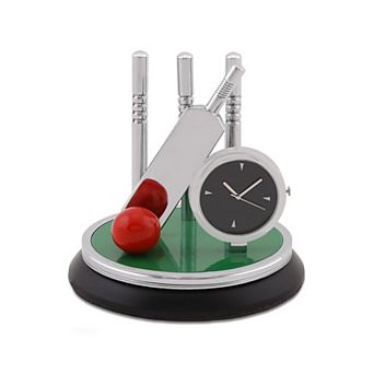 Metal Cricket Kit Table Clock With Bat Ball Stumps Battery Operated Desk Showpiece Paperweight Home