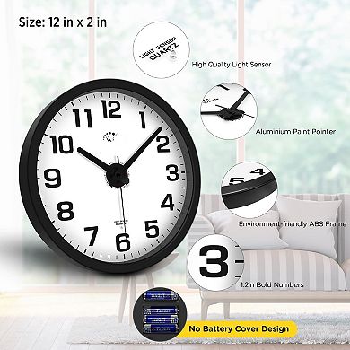 Night Light Wall Clock 12 Inch Silent Non-Ticking Battery Operated Large Numbers Easy Read Bedroom