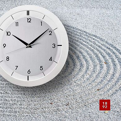 Metal Non Ticking Wall Clock White 11 Inch Brushed Metal Case Easy Read Black Numerals Quartz