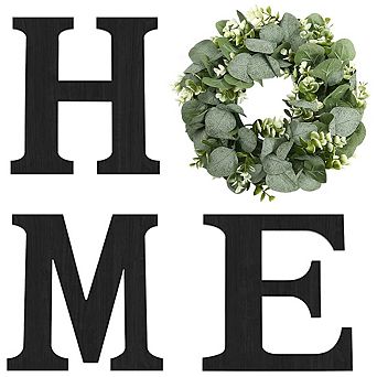 Wood Home Sign With Artificial Eucalyptus Wreath Hanging Farmhouse Wall Decor Rustic Living Room