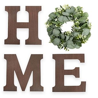 Wood Home Sign With Artificial Eucalyptus Wreath Hanging Farmhouse Wall Decor Rustic Living Room