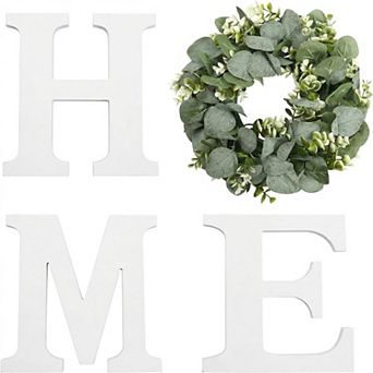 Wood Home Sign With Artificial Eucalyptus Wreath Hanging Farmhouse Wall Decor Rustic Living Room