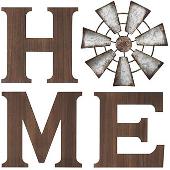 Farmhouse Wall Decor Wooden Home Sign With Metal Windmill Rustic Hanging Letters