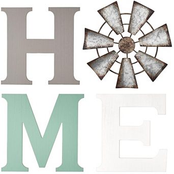 Farmhouse Wall Decor Wooden Home Sign With Metal Windmill Rustic Hanging Letters