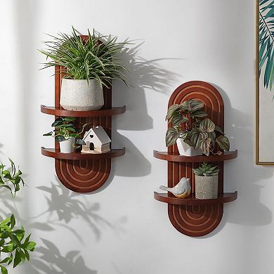 Mid Century Arched Wall Shelf 2-Tier Solid Wood Floating Display with Ledge 22inch for Living Room