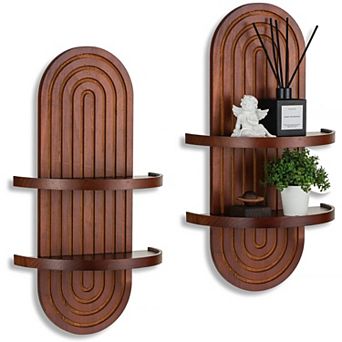 Mid Century Arched Wall Shelf 2 tier Solid Wood Floating Display with Ledge 22inch for Living Room