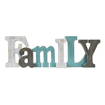 Wooden Family Sign Freestanding Distressed Teal MDF Rustic Home Decor Shelf Table Mantel Wall