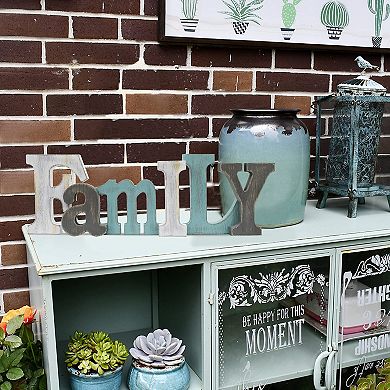 Wooden Family Sign Freestanding Distressed Teal MDF Rustic Home Decor Shelf Table Mantel Wall