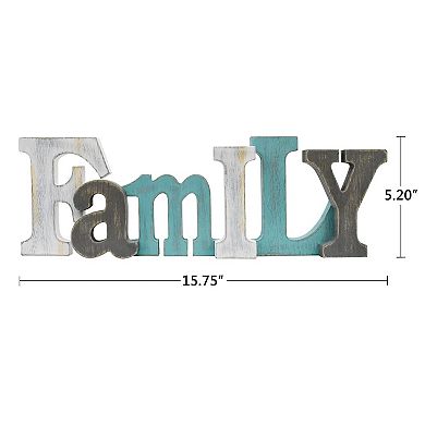 Wooden Family Sign Freestanding Distressed Teal MDF Rustic Home Decor Shelf Table Mantel Wall