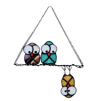 Multicolor Owls Stained Glass Suncatcher Panel Window Decoration Bird Ornament Gift