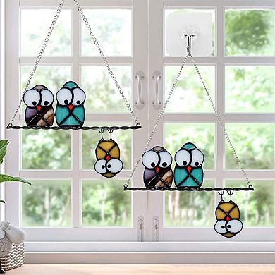Multicolor Owls Stained Glass Suncatcher Panel Window Decoration Bird Ornament Gift
