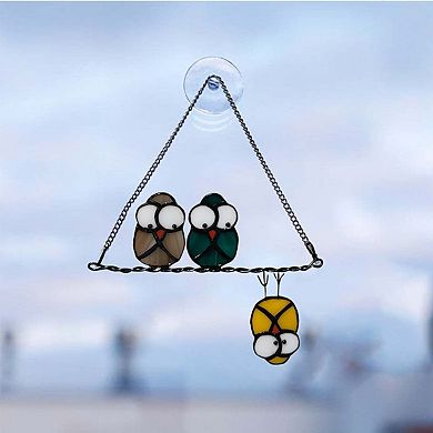 Multicolor Owls Stained Glass Suncatcher Panel Window Decoration Bird Ornament Gift