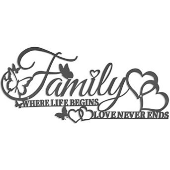Family Wall Art Metal Sign Where Life Begins Love Never Ends Iron Letters Butterfly Heart