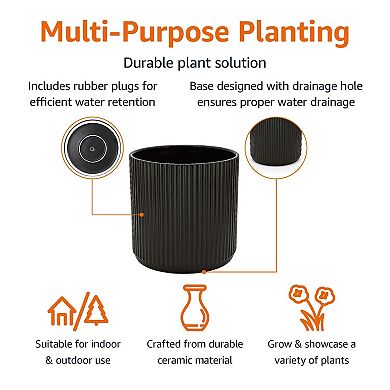 Fluted Ceramic Round Planter 10 Inch with Drainage Hole Indoor Outdoor for Succulents Herbs