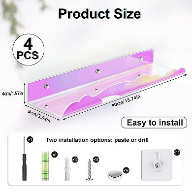 Iridescent Rainbow Floating Shelves 15in Wall Mounted Bookshelves Display Ledge 4 Pack