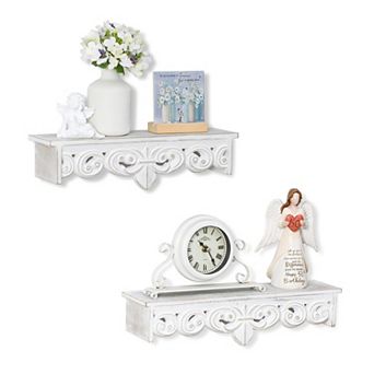 White Vintage Floating Shelves Wall Decor Farmhouse Rustic Wood 16.5"+15" Set
