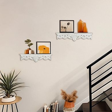 White Vintage Floating Shelves Wall Decor Farmhouse Rustic Wood 16.5"+15" Set