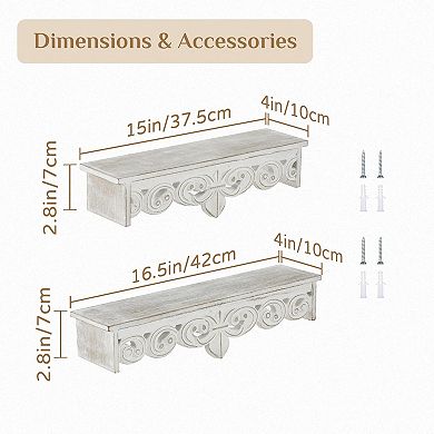 White Vintage Floating Shelves Wall Decor Farmhouse Rustic Wood 16.5"+15" Set
