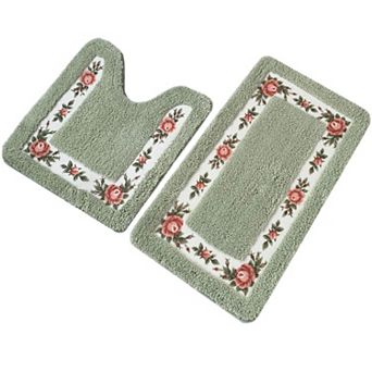 Non-Skid Floral Rose Bathroom Rugs Set of 2 Soft Shaggy Bath Mat and U-Shaped Toilet Floor Mat
