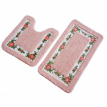Non-Skid Floral Rose Bathroom Rugs Set of 2 Soft Shaggy Bath Mat and U-Shaped Toilet Floor Mat