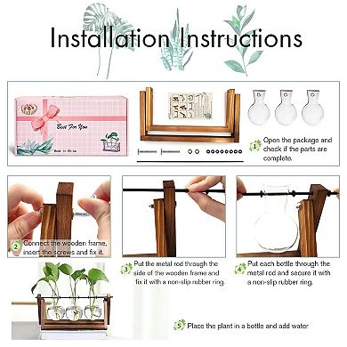 Plant Terrarium Wooden Stand 3 Bulb Glass Vase Hydroponics Home Office Decor