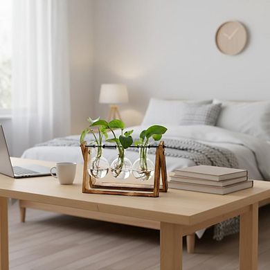 Plant Terrarium Wooden Stand 3 Bulb Glass Vase Hydroponics Home Office Decor