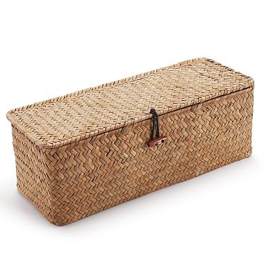 Seagrass Storage Basket with Lid 3 Compartments Woven Organizer 16.5x5.5x5.5 Inch